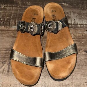Naot Black and Tan Sandals with Embellished Straps